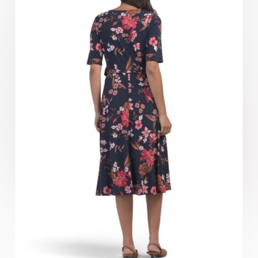 NWT-London Times Navy/Red Floral Elbow Sleeve Side Tie Fit & Flare Midi Dress-14 - Picture 5 of 16
